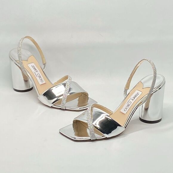 Jimmy Choo Plum Metallic Leather & Glitter Slingback Sandals size 37 - Picture 2 of 11